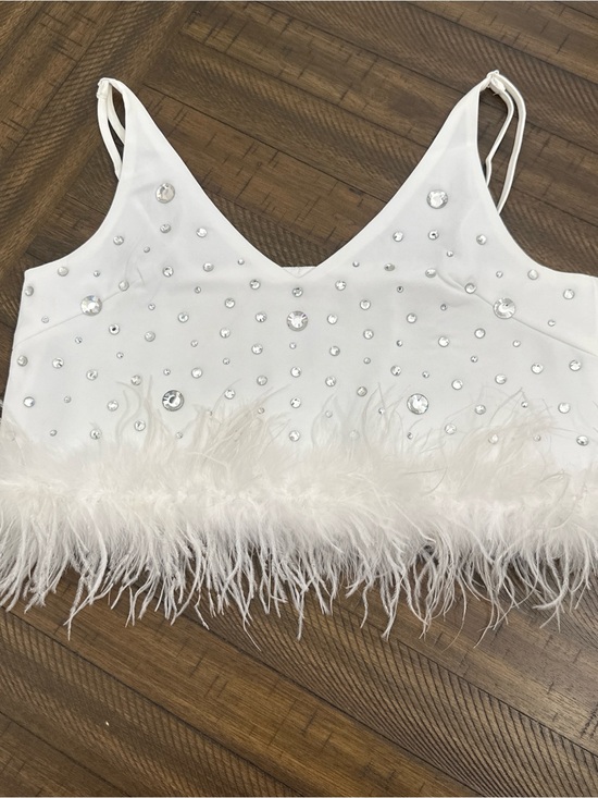 Tops - White Feathered Rhinestone Crop Cami